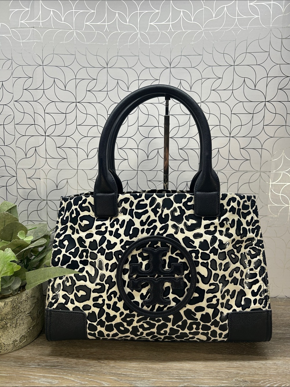 Tory Burch Navy & White Leopard Print Tote Bag